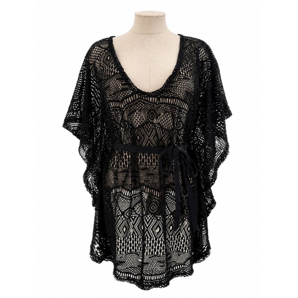 Portocruz Black Swim Coverup Mesh Sheer Size Large Tie Closure Beach